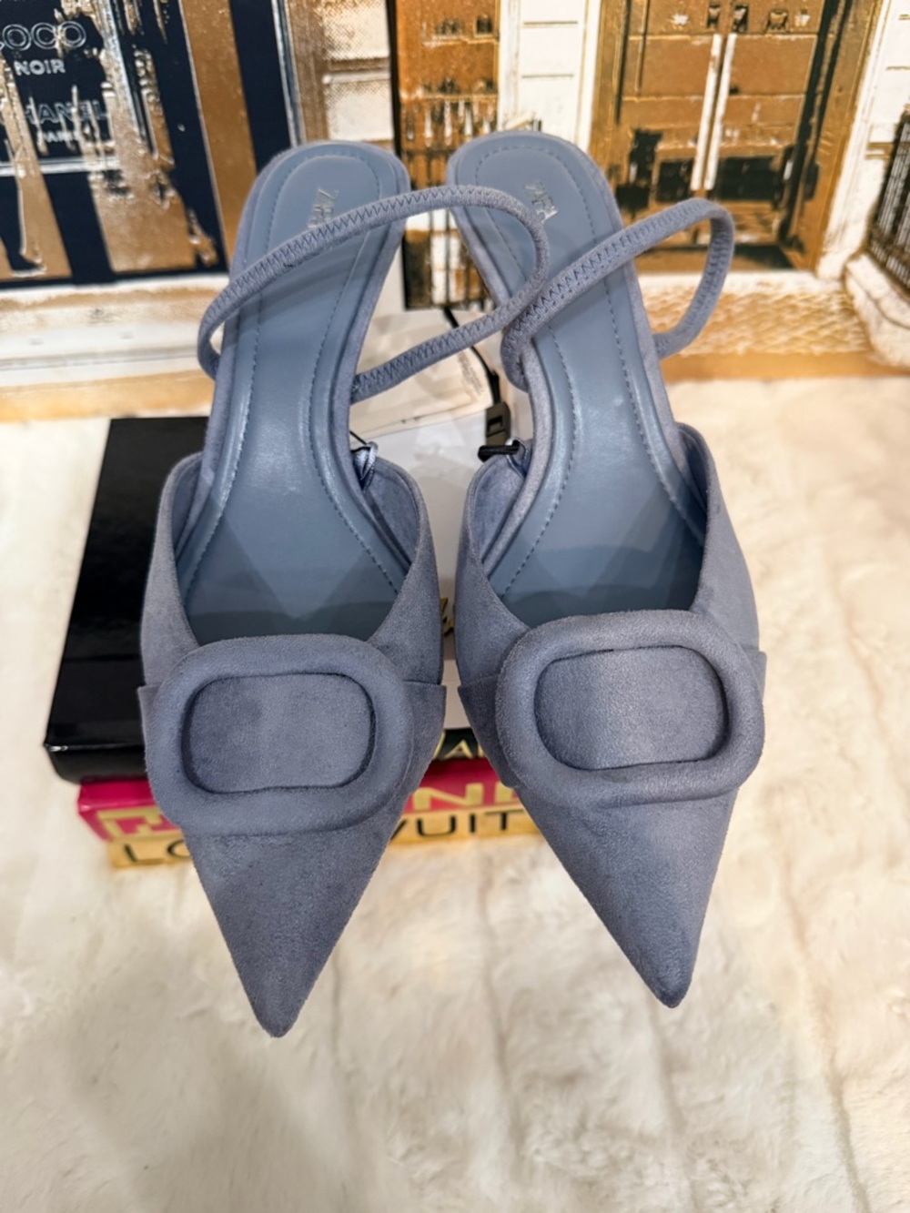 Zara Dusty Blue Suede Pointed Slingback Heels